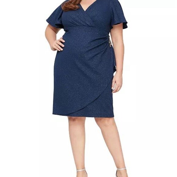 SLNY Dresses & Skirts - SLNY Womens Plus Size 22W Navy Blue Glitter Beaded Flutter Sleeve Cocktail Dress
